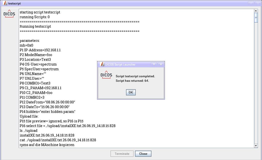 Script output window with completion dialog
